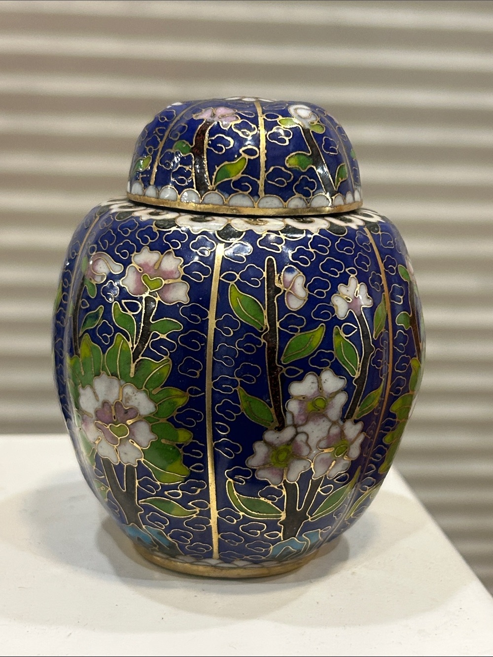 Vintage Chinese Blue Cloisonné Ribbed Gilt Ginger Jar With Pink & White Flowers